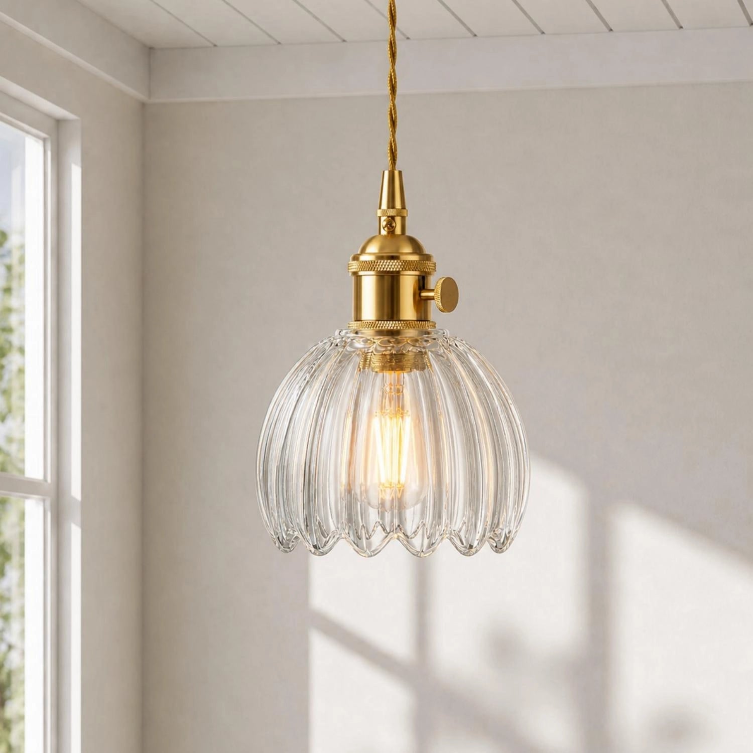 Clear ribbed tulip glass pendant