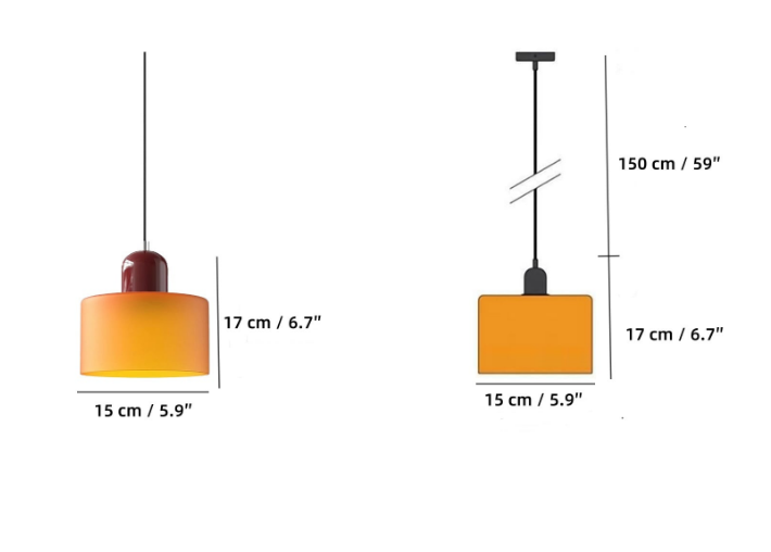 Schemat rozmiarów lampy wiszącej przedstawiający średnicę 15 cm i wysokość 17 cm