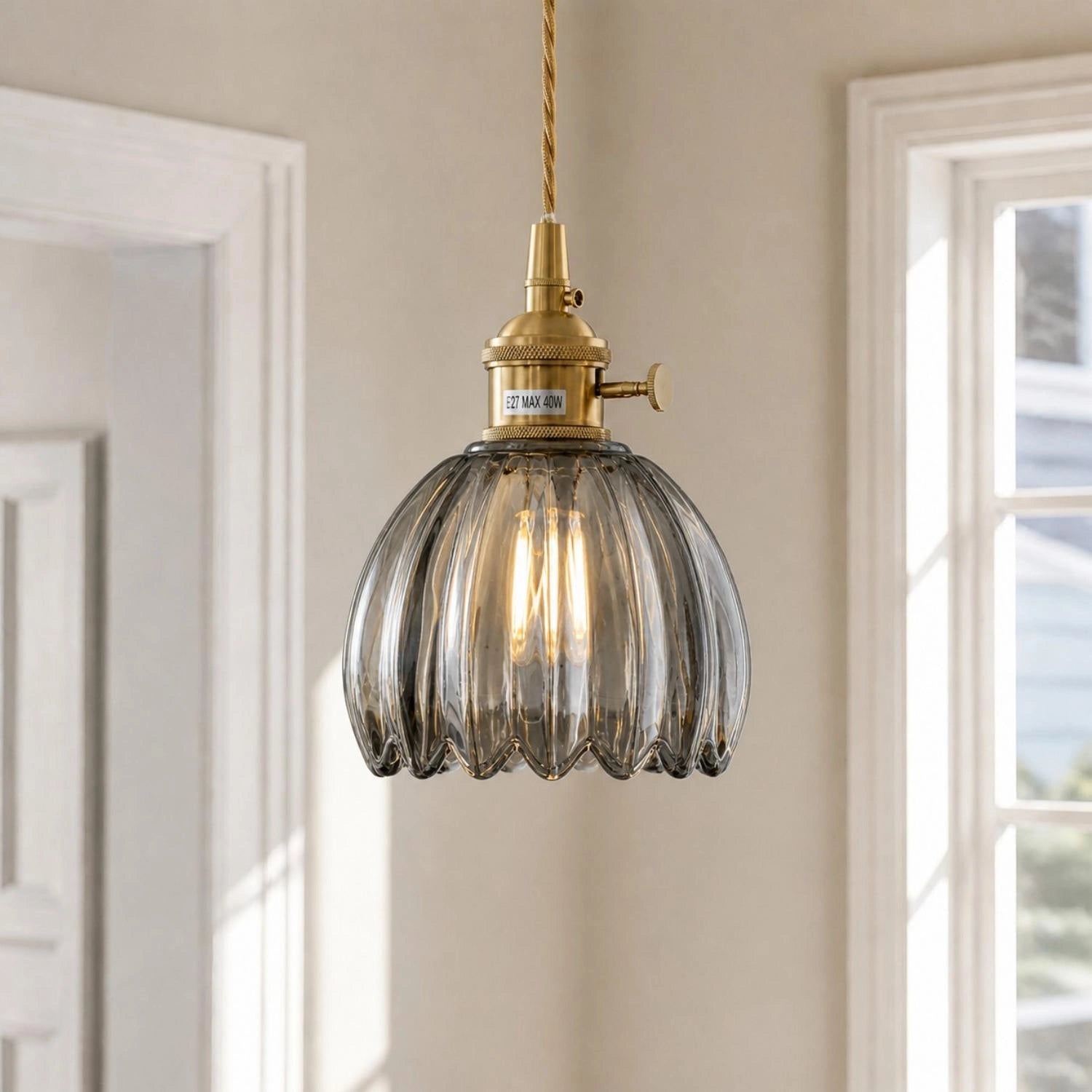 Smoke gray ribbed tulip glass pendant