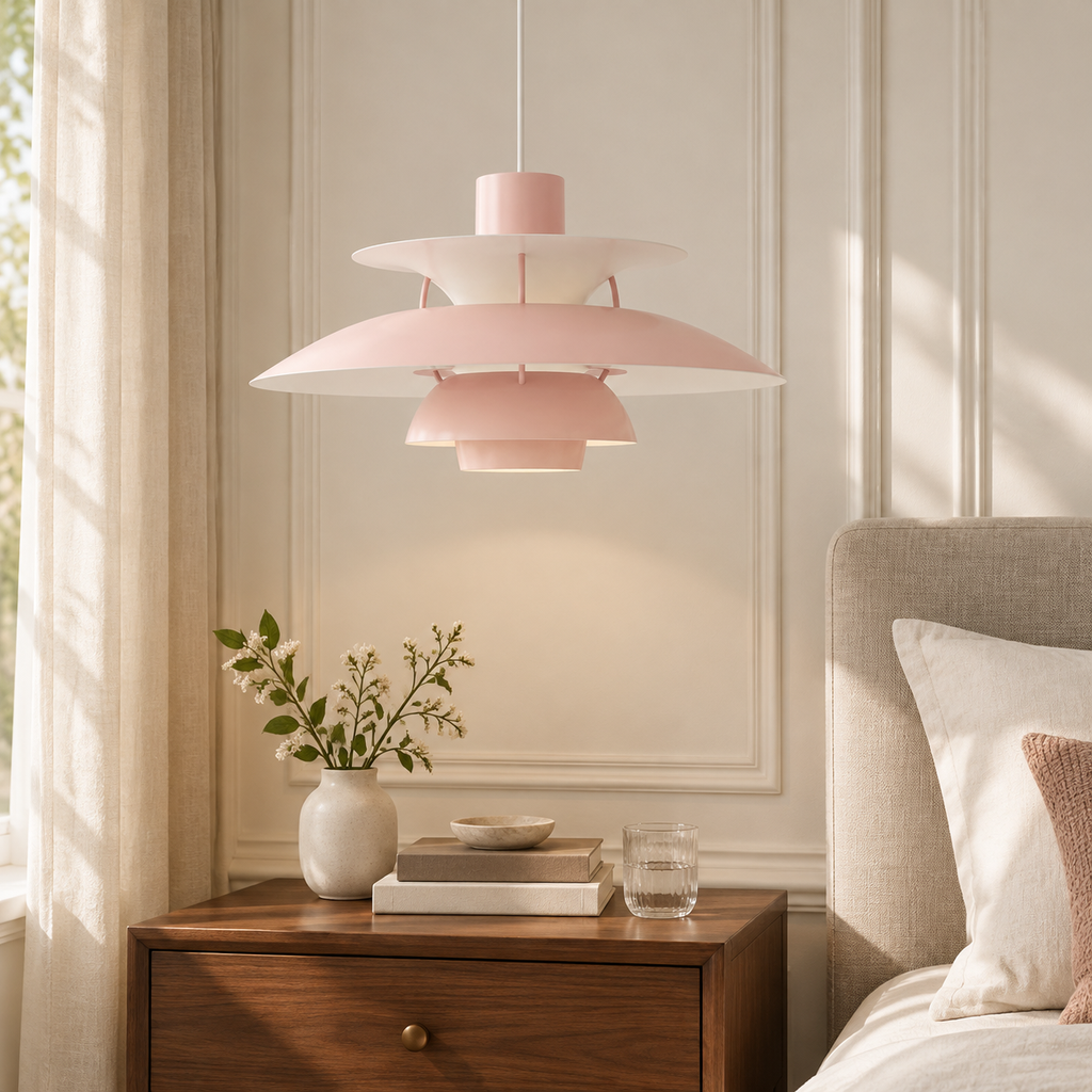 Nordic multi-tiered pendant lamp &mdash; Sakura Pink &mdash; interior scene