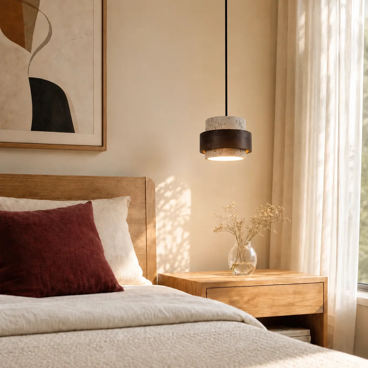 Callan Wabi-Sabi Travertine Walnut Wood Linear Pendant Light