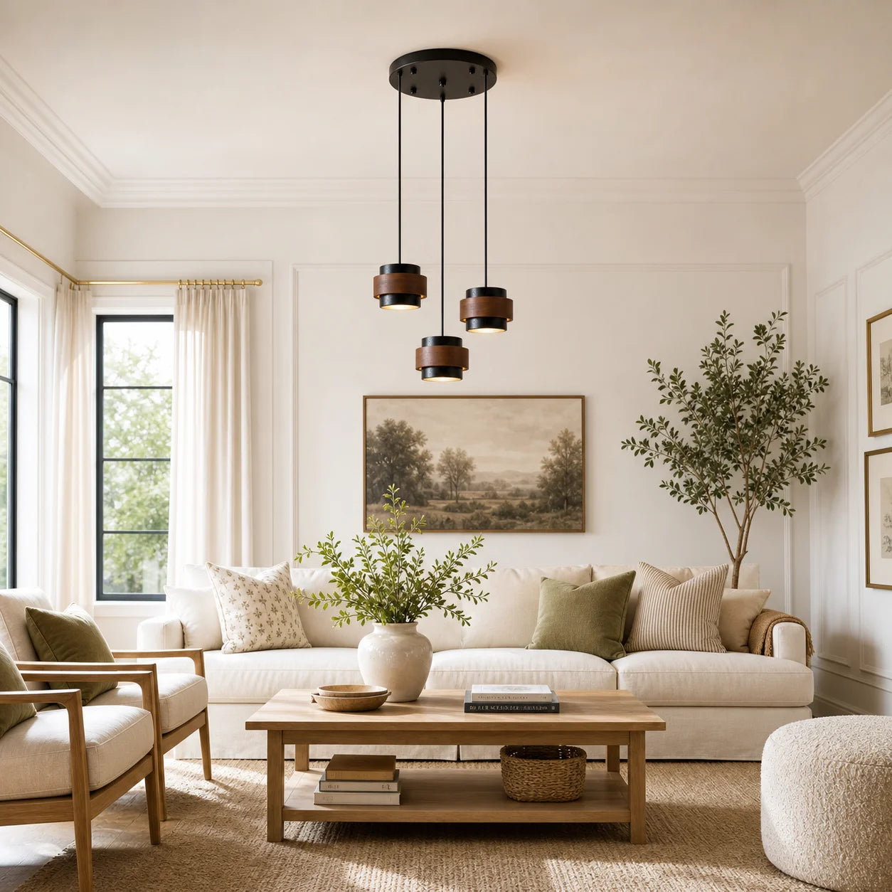 Callan Wabi-Sabi Travertine Walnut Wood Linear Pendant Light