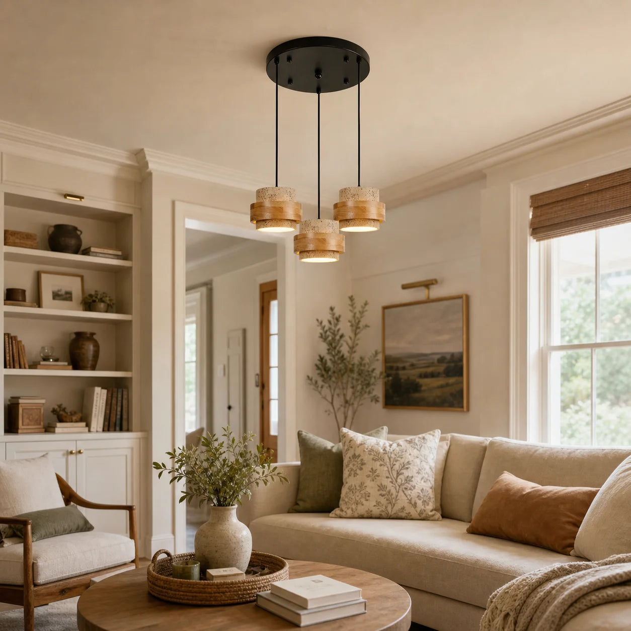 Callan Wabi-Sabi Travertine Walnut Wood Linear Pendant Light