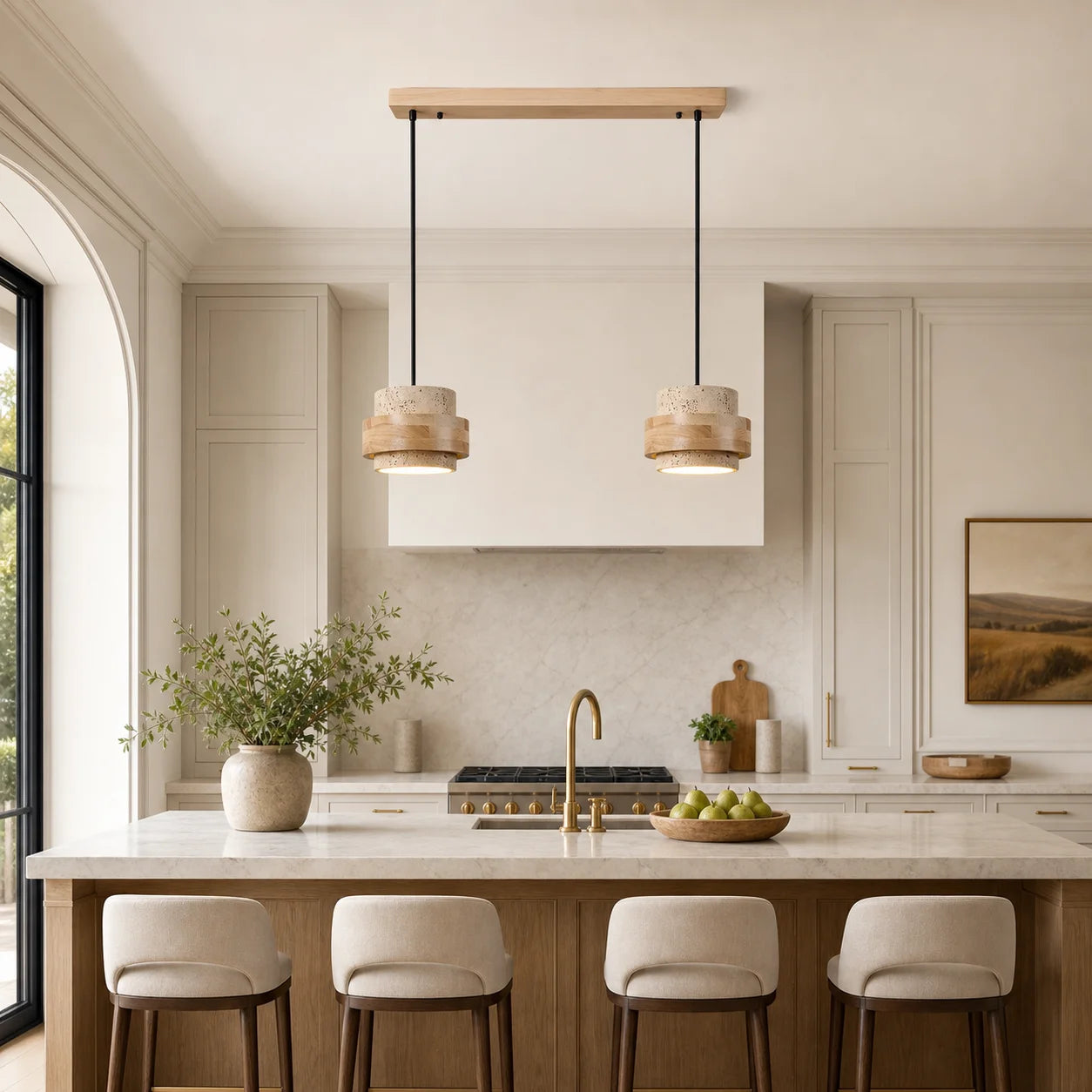 Callan Wabi-Sabi Travertine Walnut Wood Linear Pendant Light