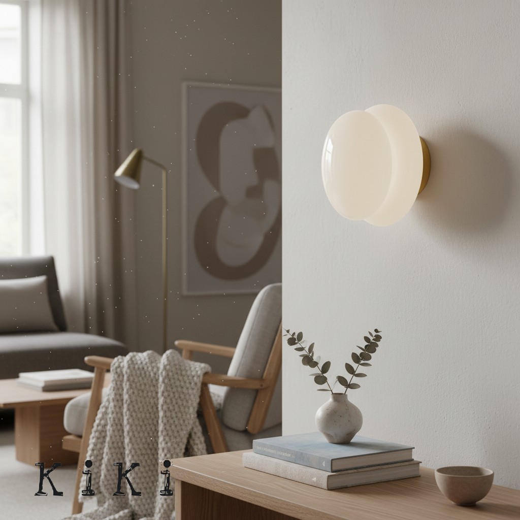 Eine doppelwandige Wandleuchte aus Opalglas von Orra Bauhaus leuchtet an einer Wohnzimmerwand.