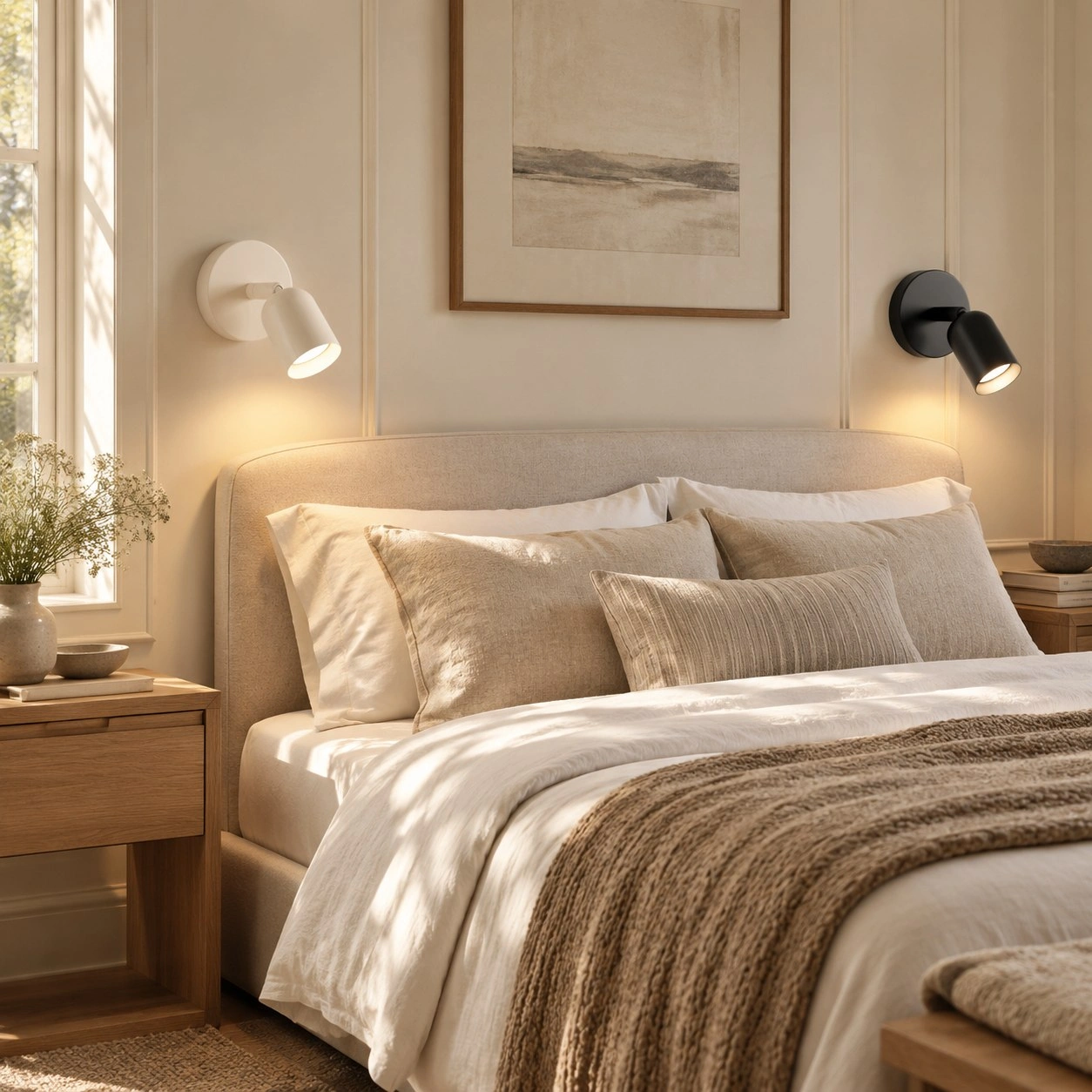 Weiße und schwarze Konig-Leuchten neben einem Bett montiert