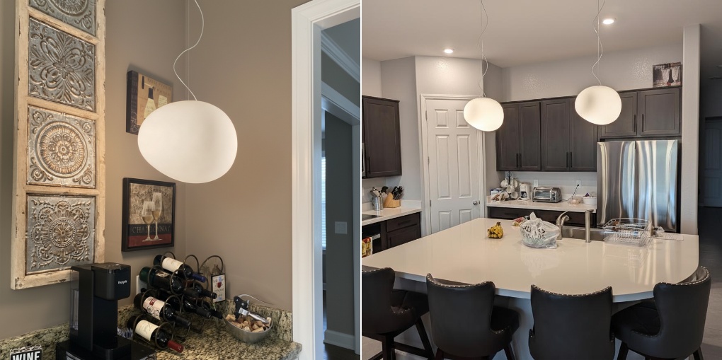Stonea milk-glass pendants styled in a bright home interior