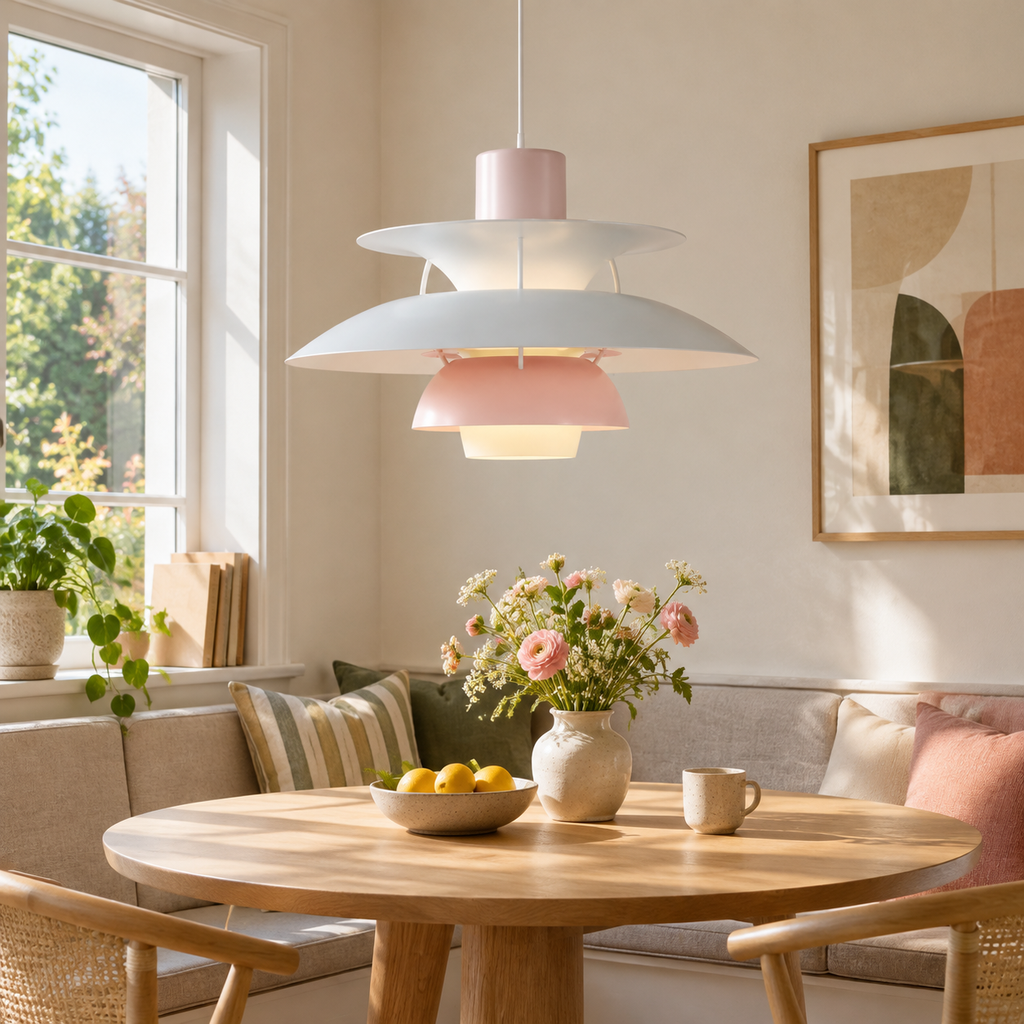 Nordic multi-tiered pendant lamp &mdash; Pastels Oyster Blue Rose &mdash; interior scene