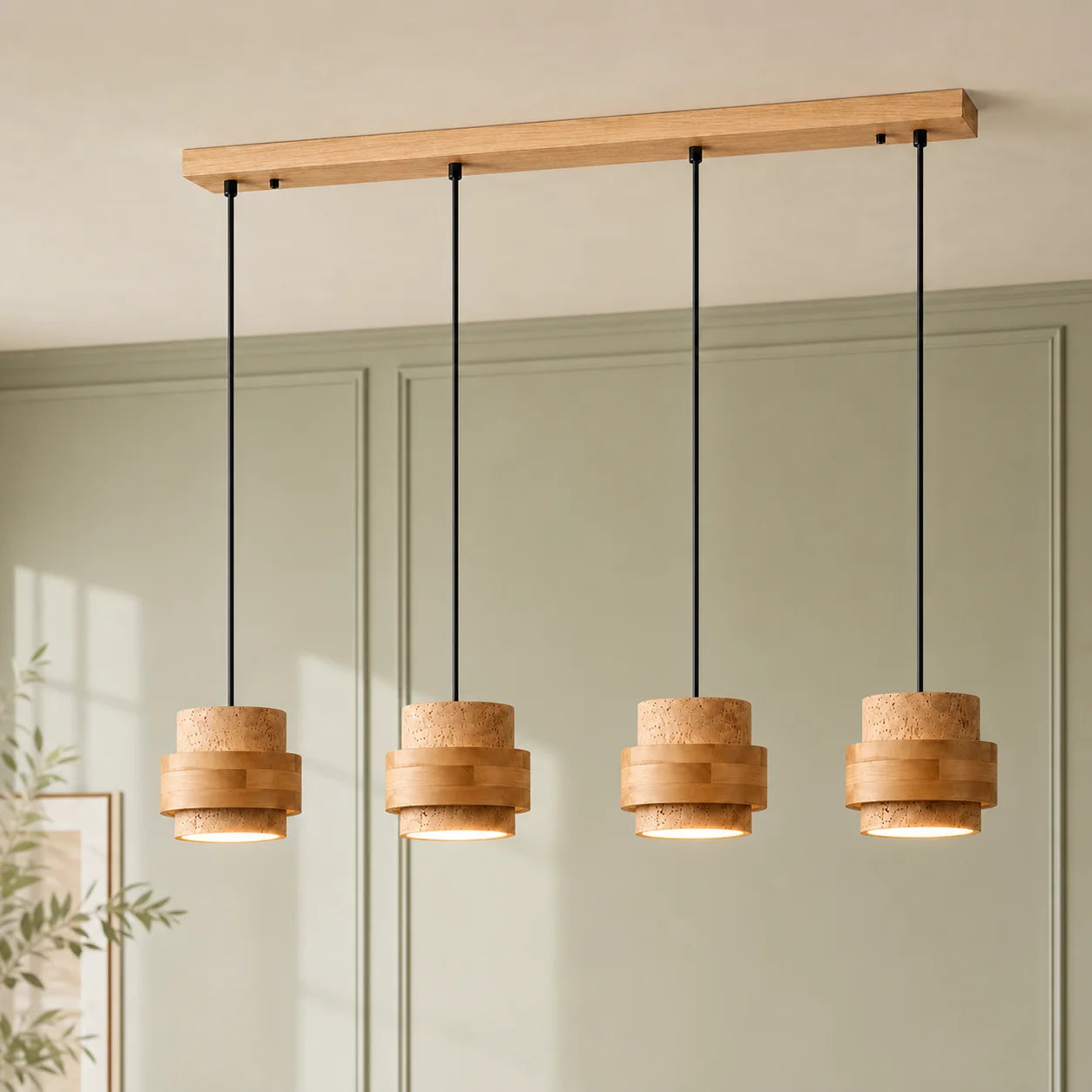 Suspension cylindrique en travertin et noyer Callan &mdash; Style lin&eacute;aire Wabi-Sabi, 1 &agrave; 4 t&ecirc;tes