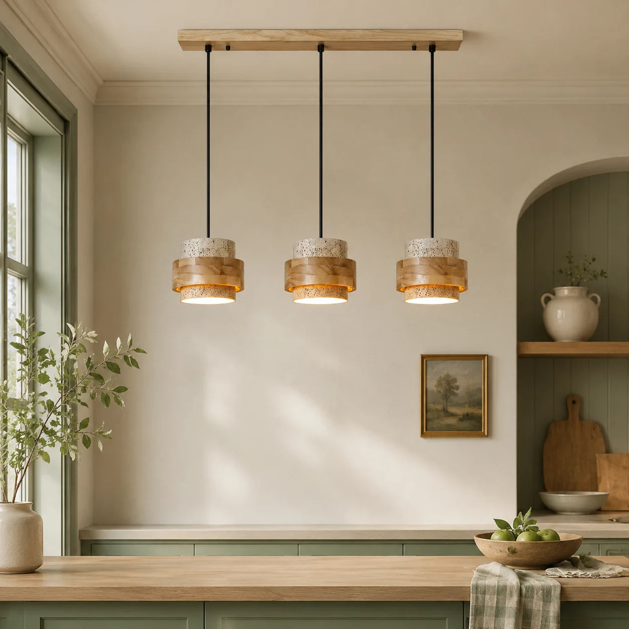 Callan Wabi-Sabi Travertine Walnut Wood Linear Pendant Light