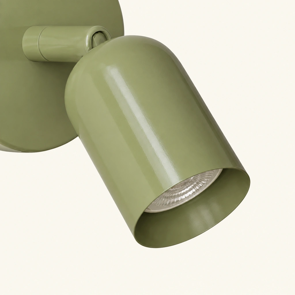 Konig olive green wall light rotating joint and recessed lens detail