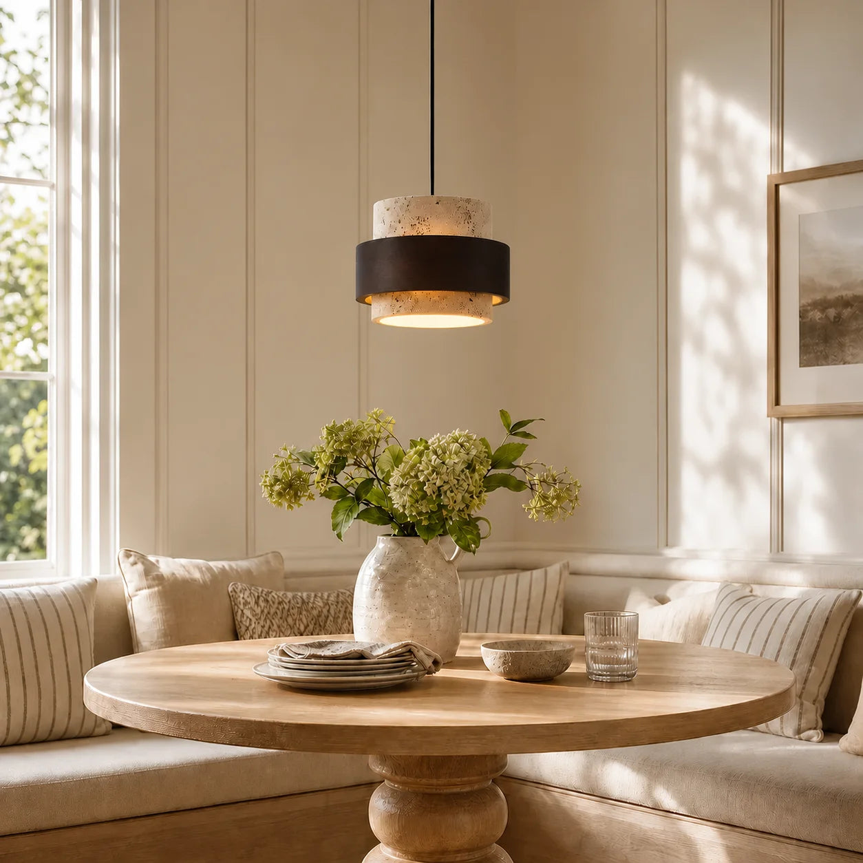 Callan Wabi-Sabi Travertine Walnut Wood Linear Pendant Light