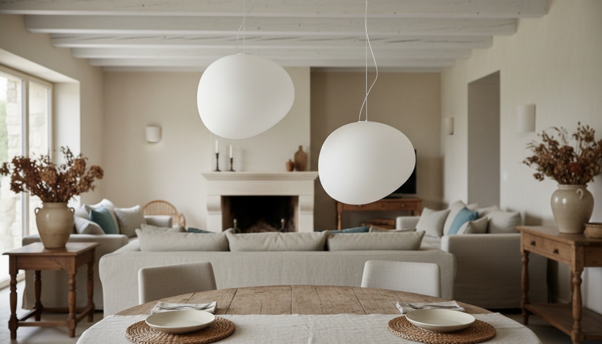 Stonea white satin milk-glass pebble pendant in a modern interior