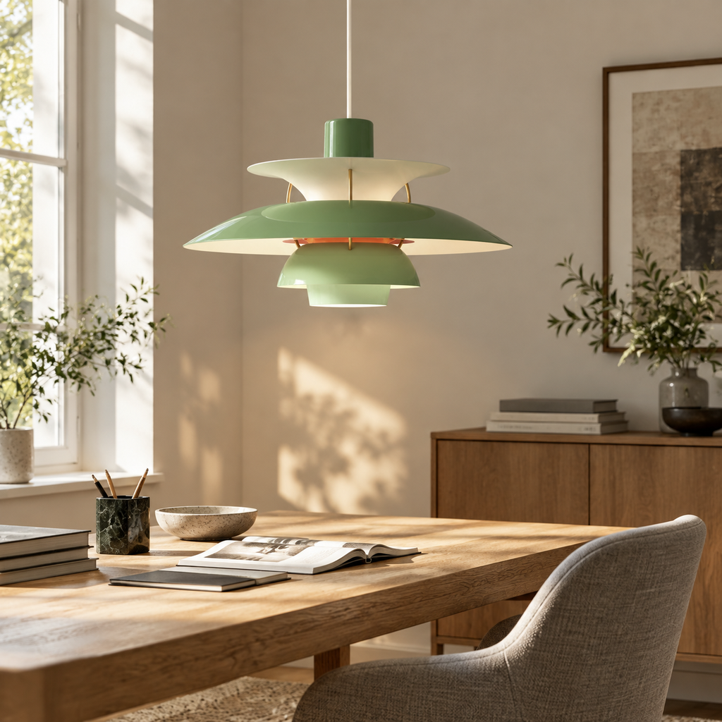Nordic multi-tiered pendant lamp &mdash; Hues of Green &mdash; interior scene