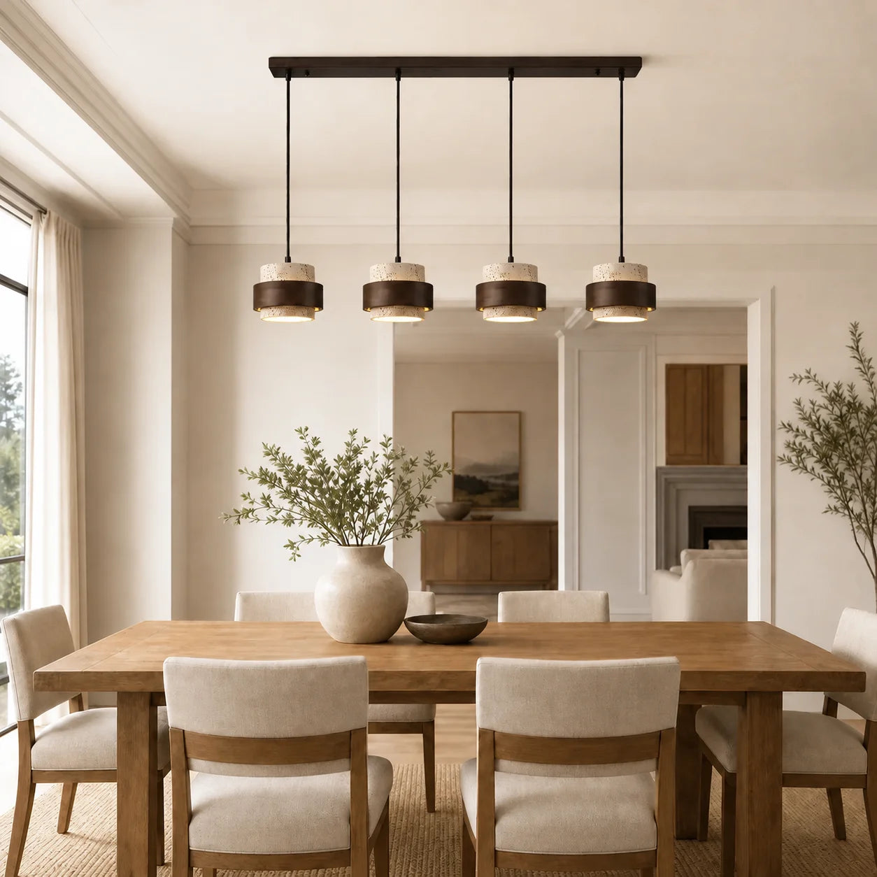 Callan Wabi-Sabi Travertine Walnut Wood Linear Pendant Light