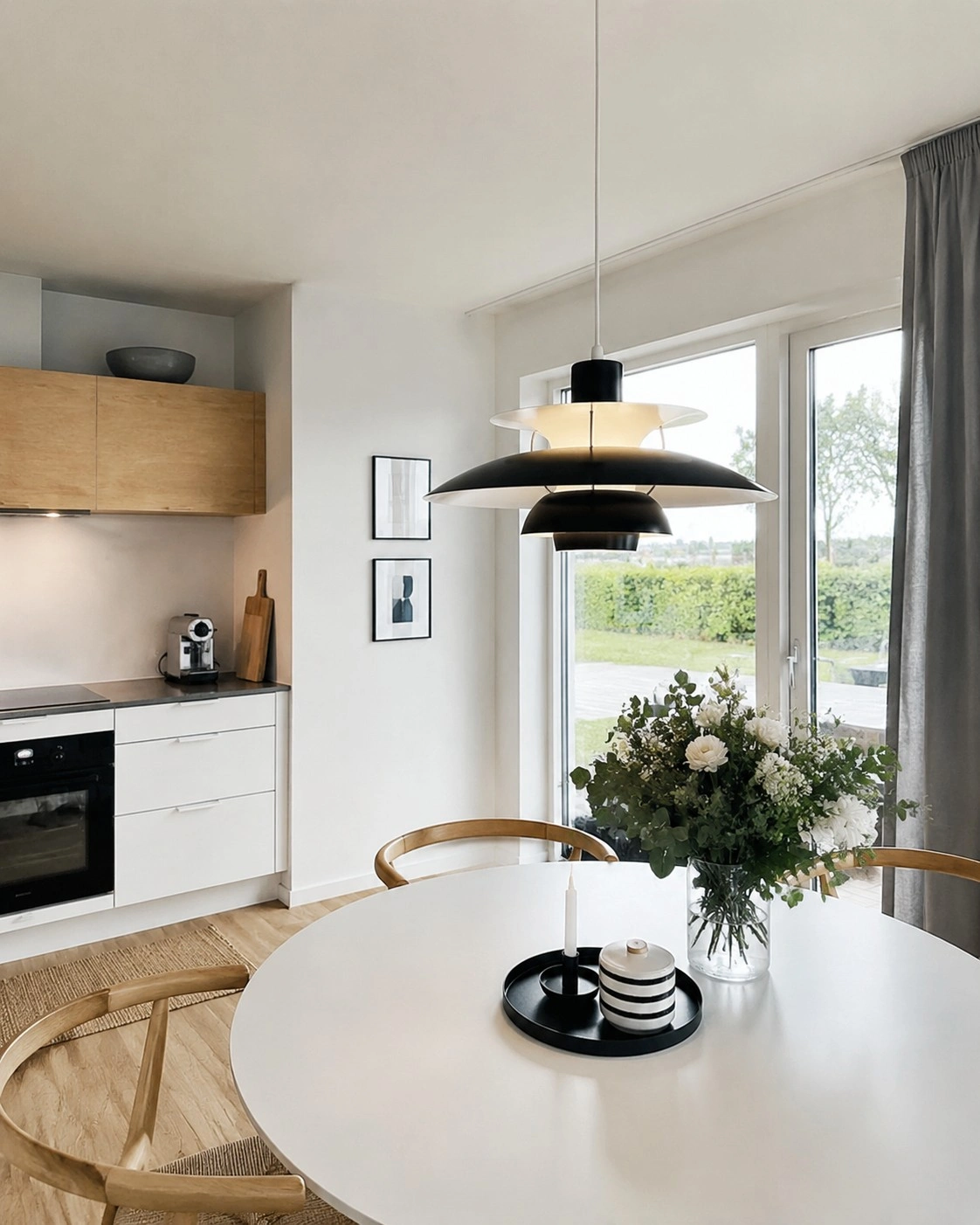 Black pendant in a white kitchen