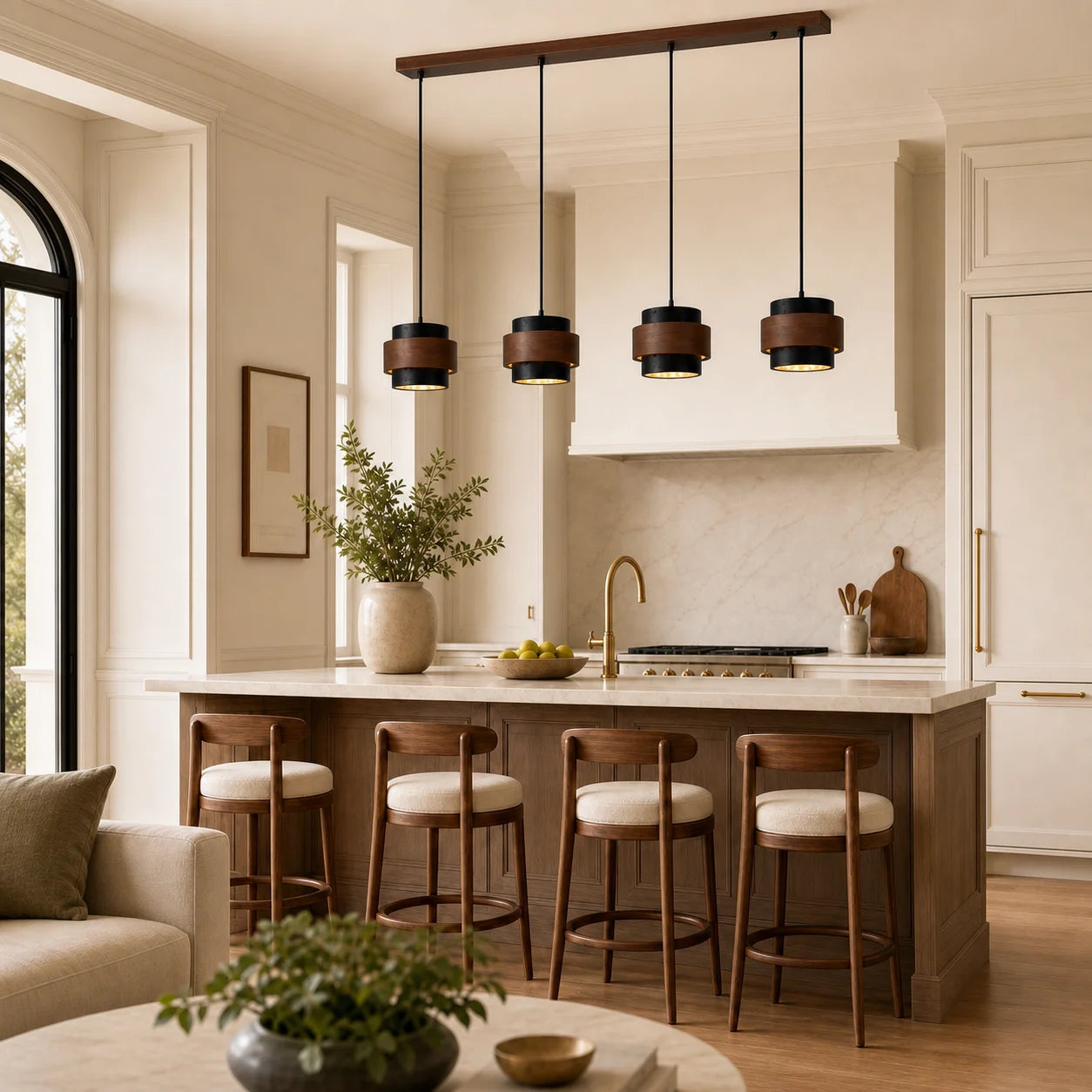 Callan Wabi-Sabi Travertine Walnut Wood Linear Pendant Light
