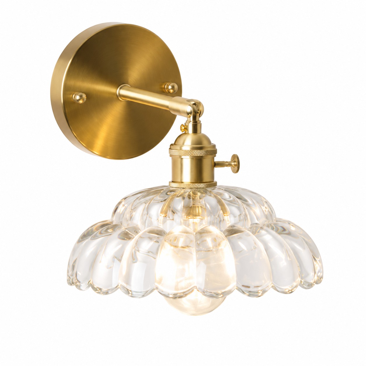 Lámpara de pared vintage de latón con faldón abullonado y cristal