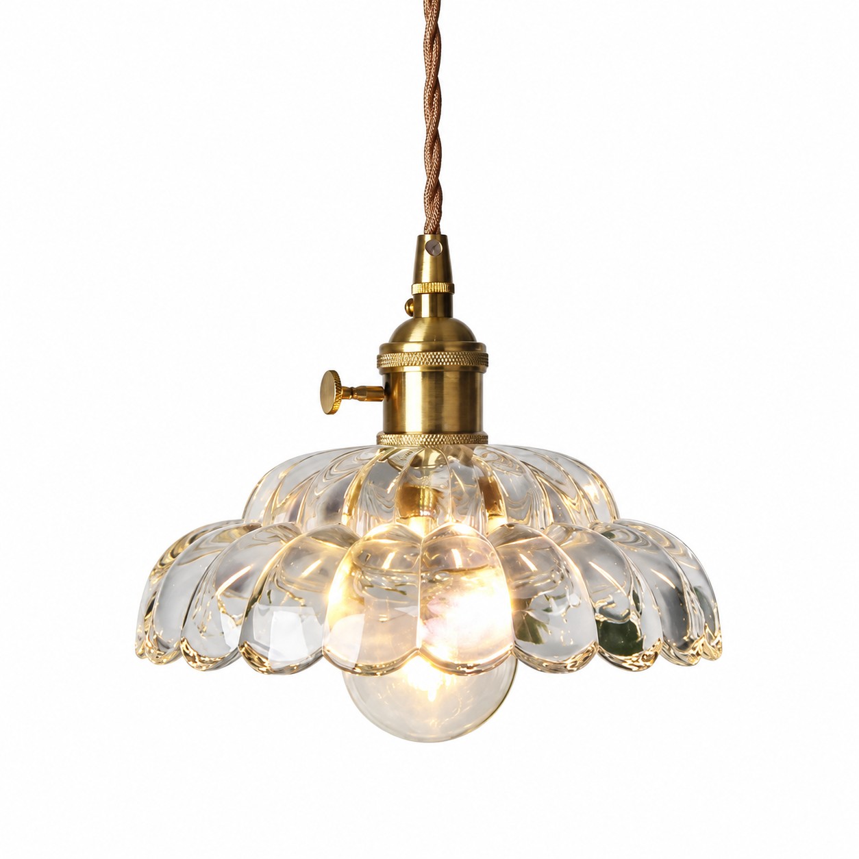Vintage Brass Puff-Skirt Glass Pendant Lamp
