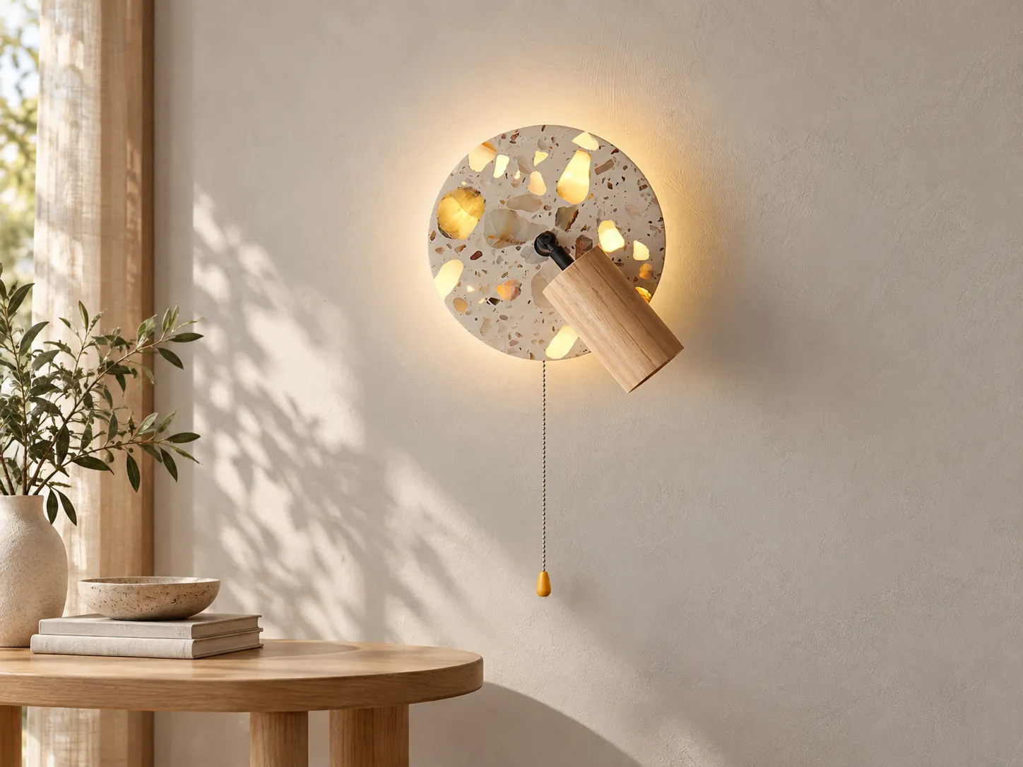 Lampada da parete regolabile in terrazzo e legno (vista prodotto)