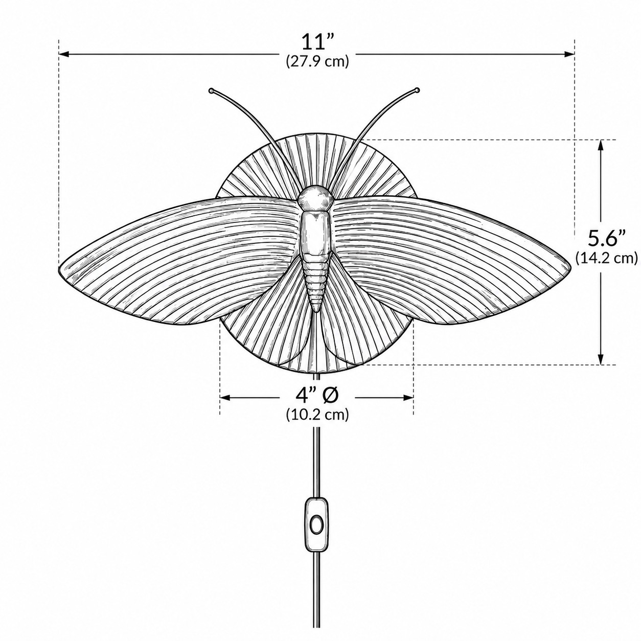 Maßdiagramm: 11 Zoll breit, 5,6 Zoll hoch, 4 Zoll Baldachin