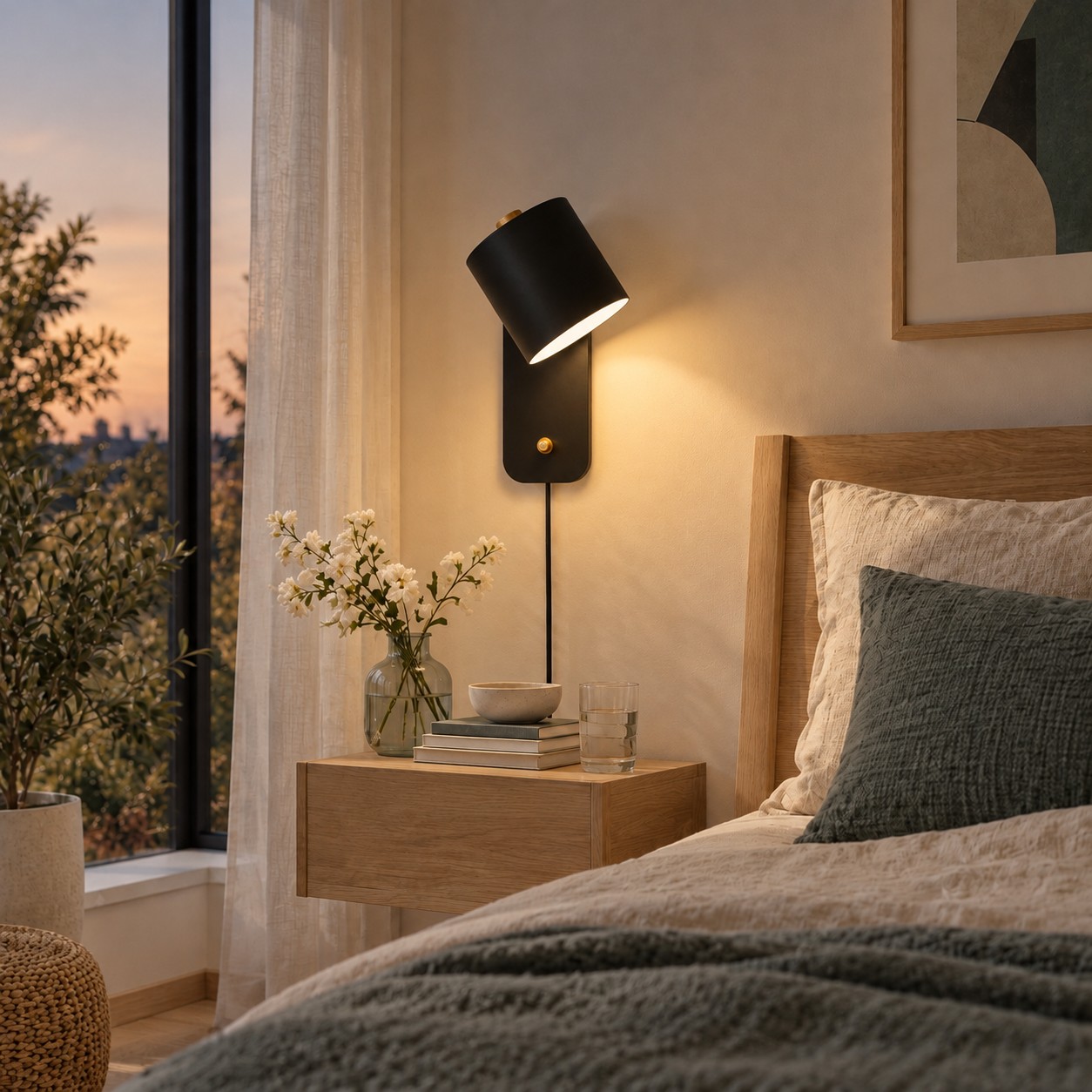La stessa lampada da parete cilindrica nera che brilla accanto al letto al crepuscolo