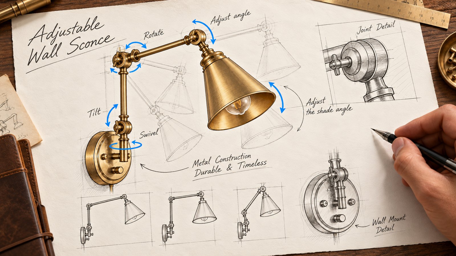 Design sketch of an adjustable brass swing-arm wall sconce, with notes for rotate, tilt, swivel and shade angle