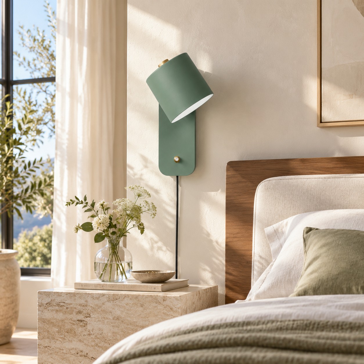 Lampada da parete cilindrica verde accanto a un letto e a una finestra luminosa