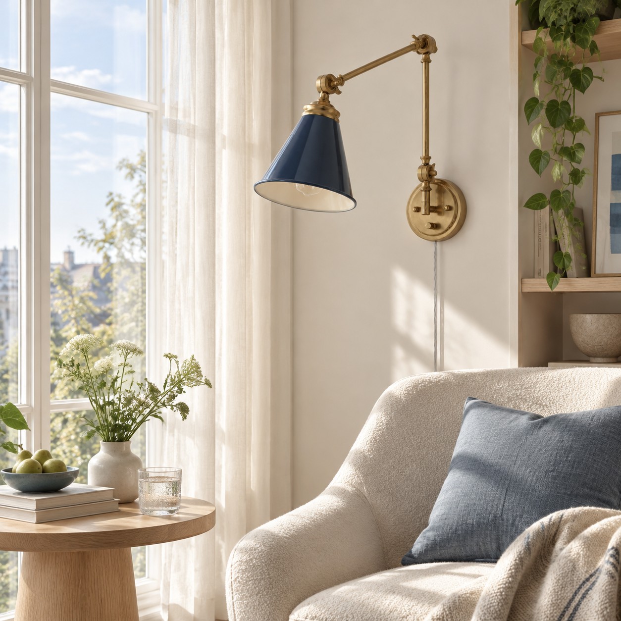 Blue cone shade on a gold swing arm beside a living-room chair in daylight