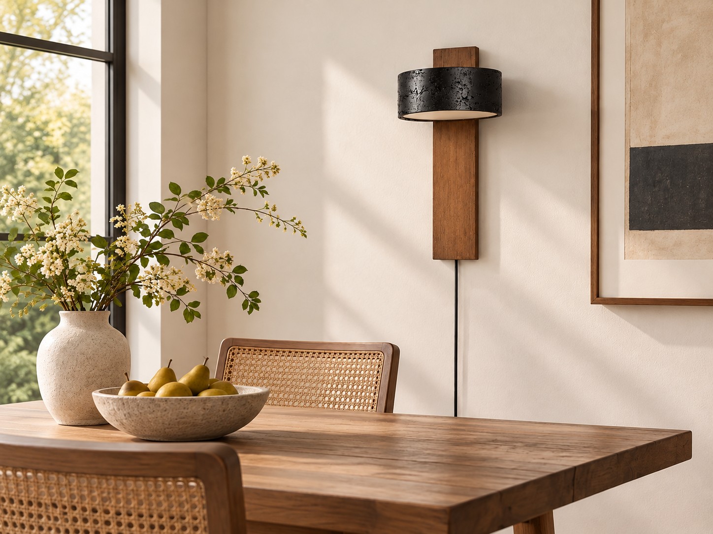 Aplique de pared de nogal y travertino negro en una entrada con luz natural, luz apagada