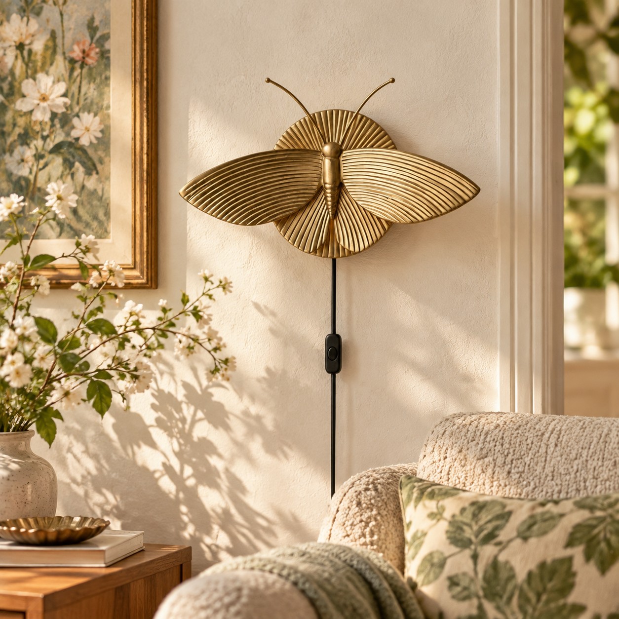 Goldene Motten-Wandleuchte neben einem Sofa und Blumenkunstwerk
