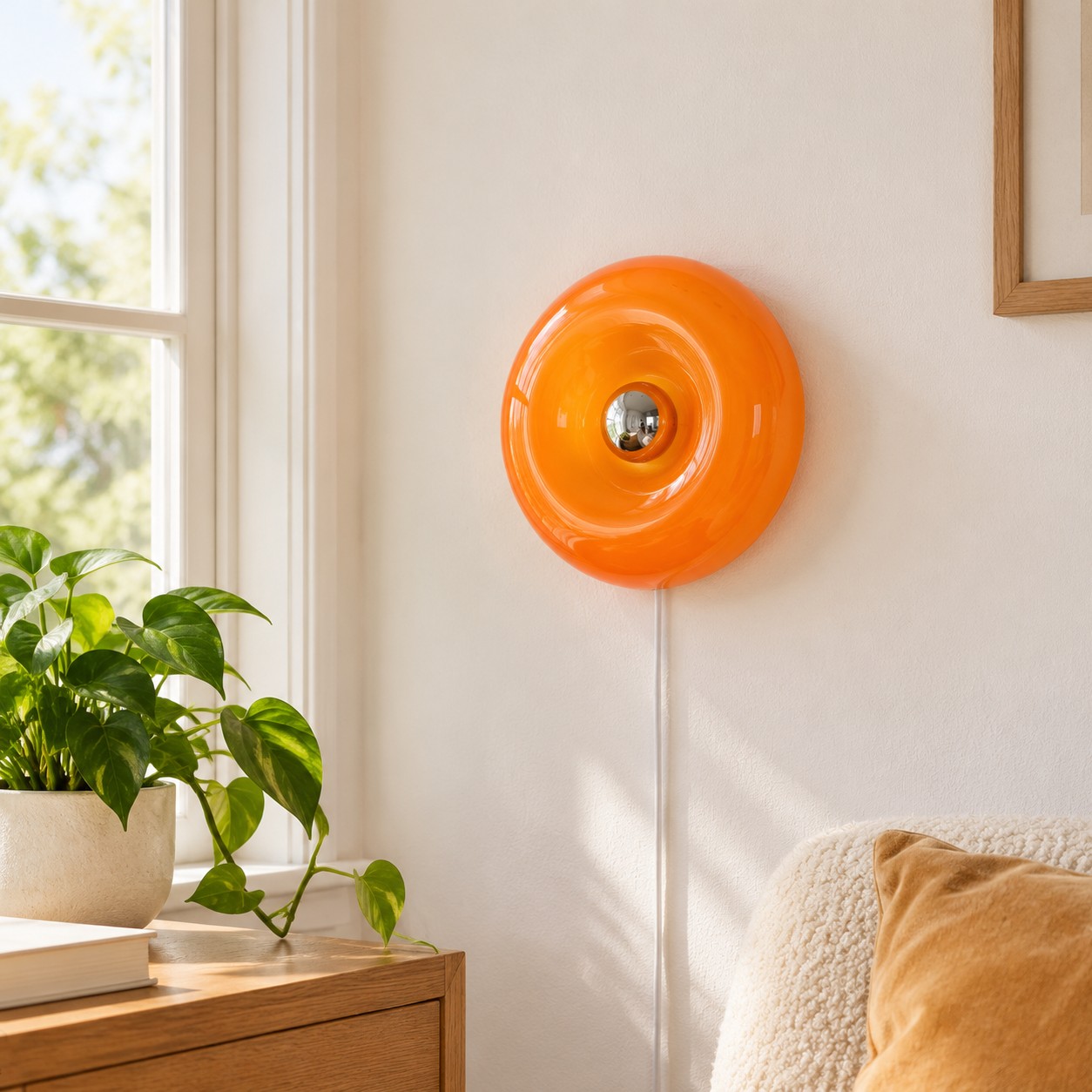 Lampada da parete con anello in vetro ambrato, illuminata alla luce del giorno.