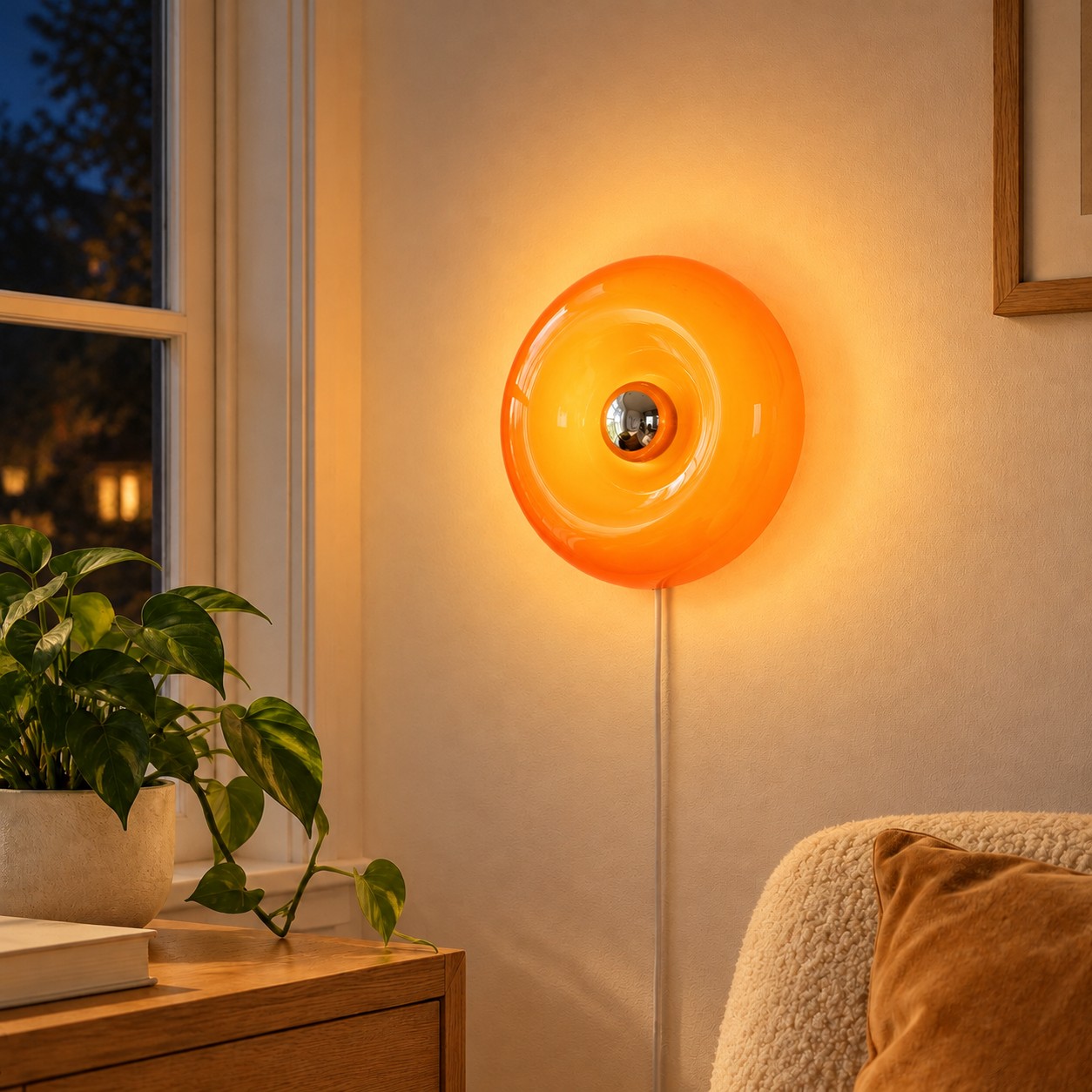 Lampada da parete con anello in vetro ambrato accesa di notte