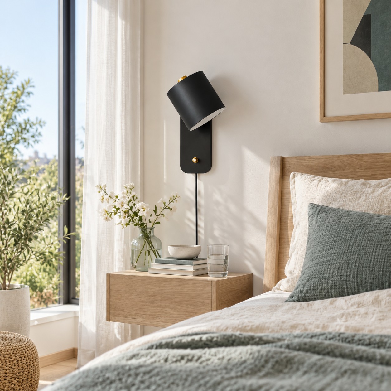 Lampada da parete cilindrica nera accanto al letto, illuminata di giorno, prima di essere accesa.