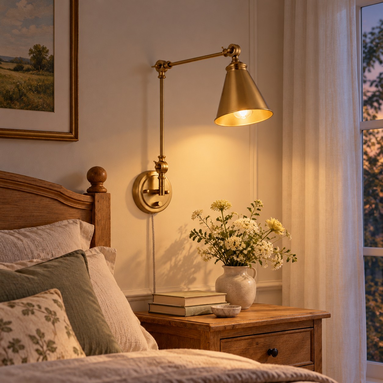 The same gold swing-arm wall sconce beside a bed, with the cone shade glowing at dusk