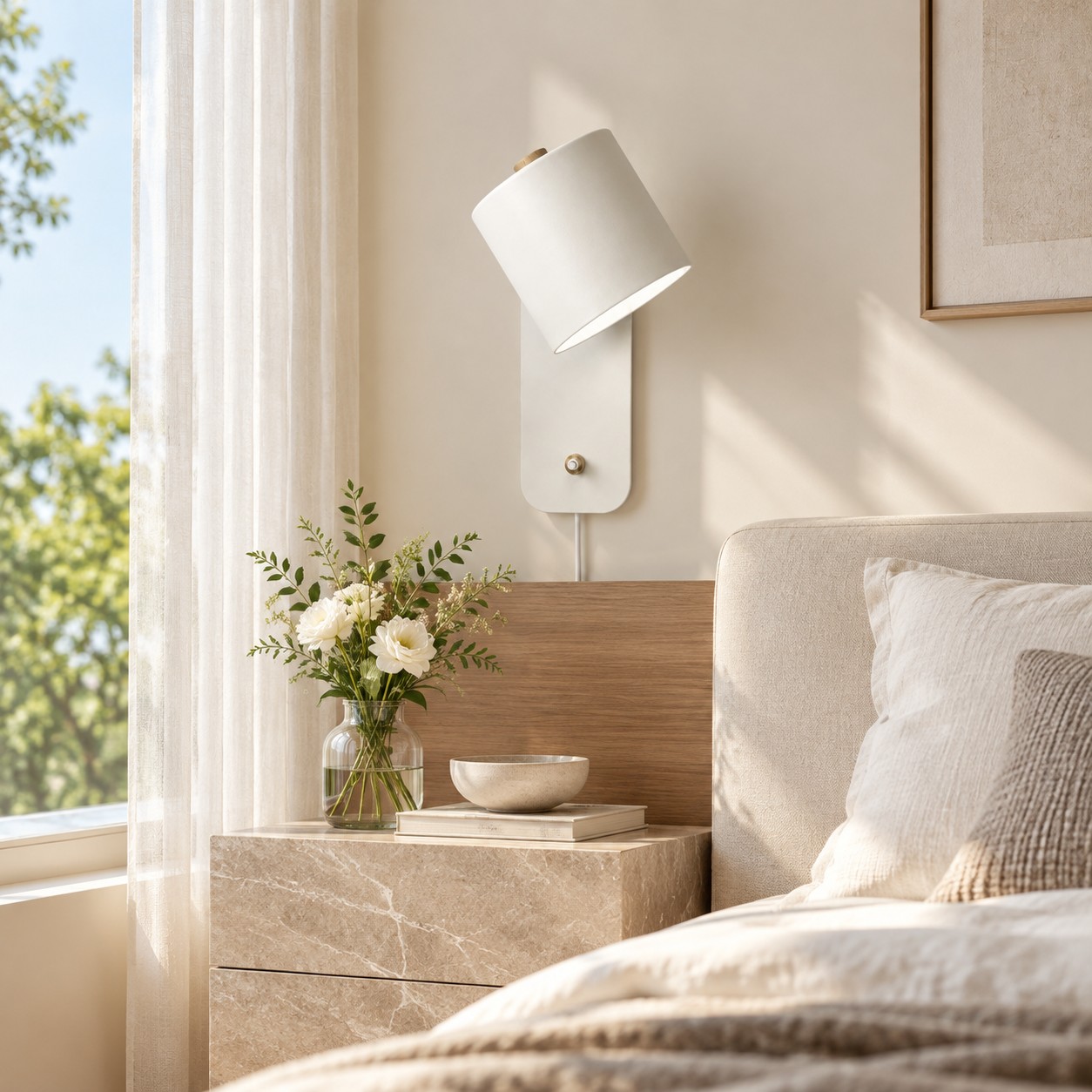 Lampada da parete cilindrica bianca accanto a un letto imbottito, illuminata dalla luce del giorno.