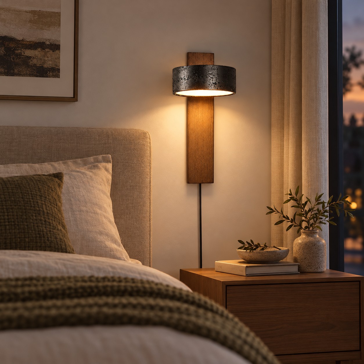 Aplique de pared de nogal y travertino negro junto a una cama al atardecer
