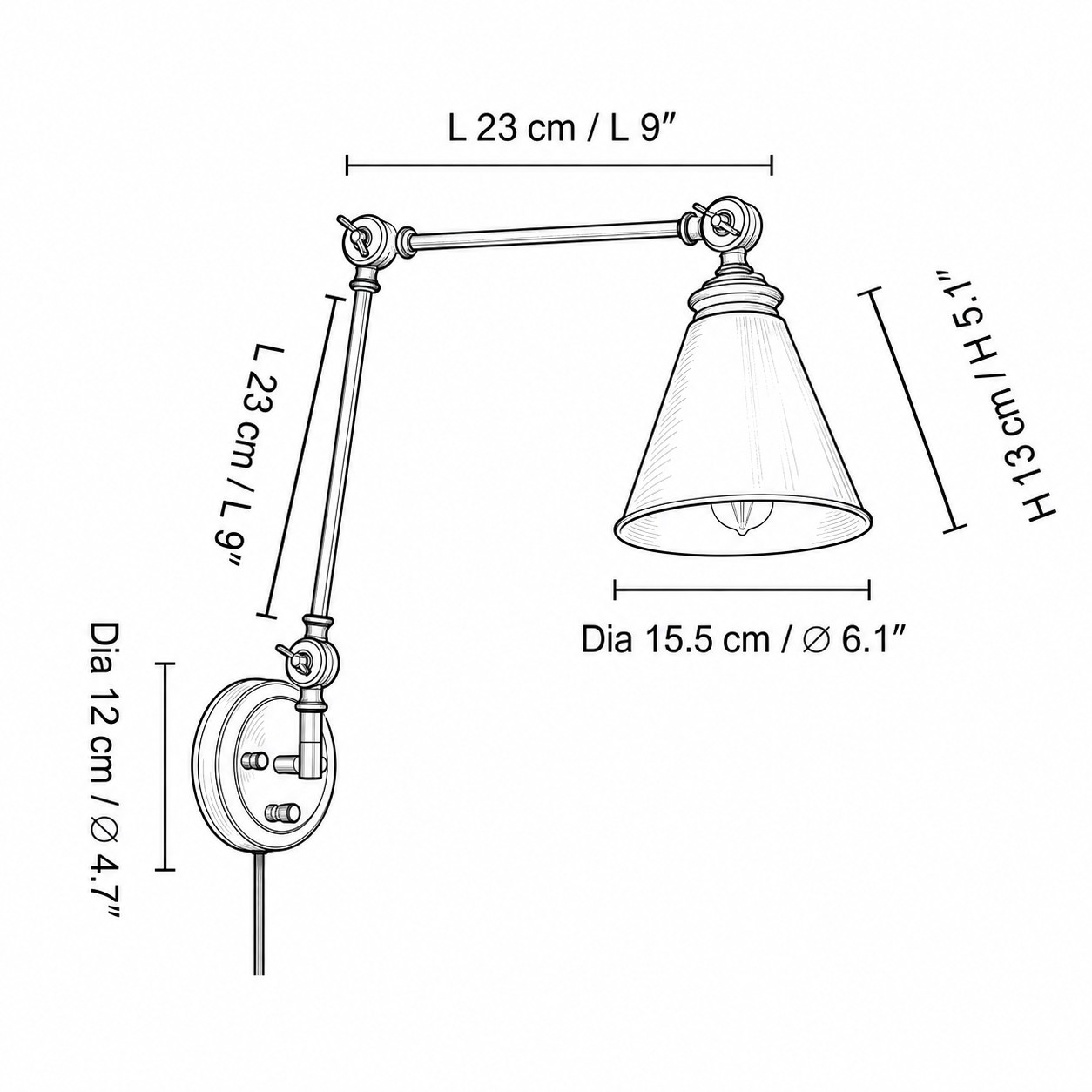 Dimension diagram showing arm length, cone shade and backplate sizes