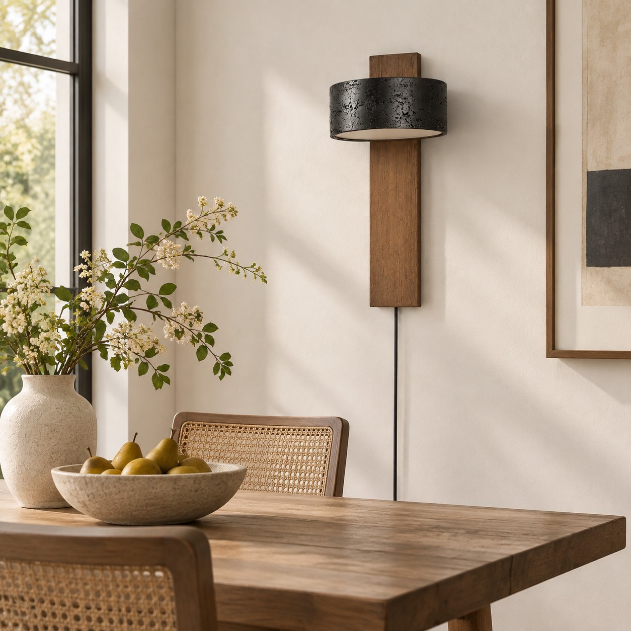 Aplique de pared de nogal y travertino negro sobre una mesa de comedor