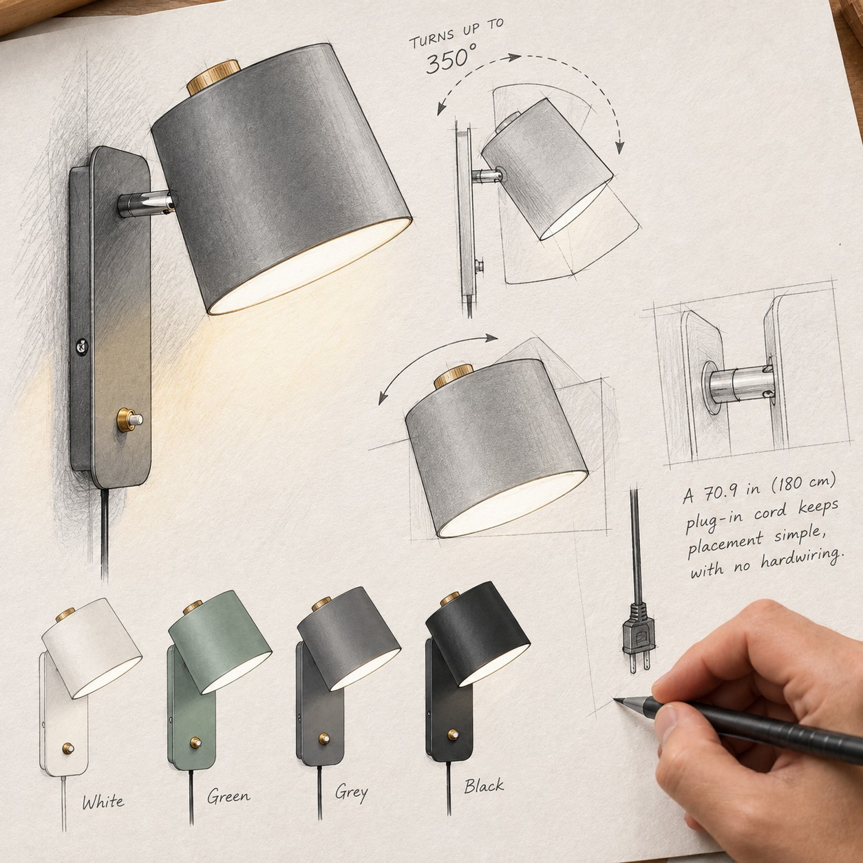Studio di design per una lampada da parete cilindrica orientabile, con rotazione di 350 gradi, cavo di alimentazione con spina e finiture nei colori Bianco, Verde, Grigio e Nero.