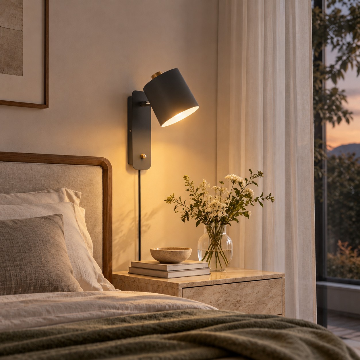 La stessa lampada da parete cilindrica grigia si accendeva accanto al letto al crepuscolo.