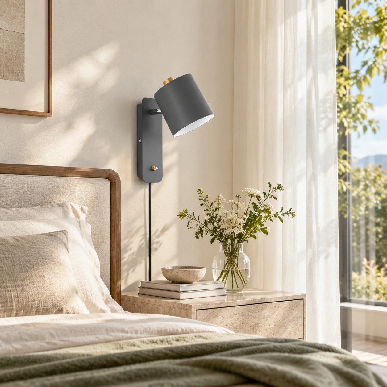 Lampada da parete cilindrica grigia accanto al letto, in pieno giorno, prima di essere accesa.