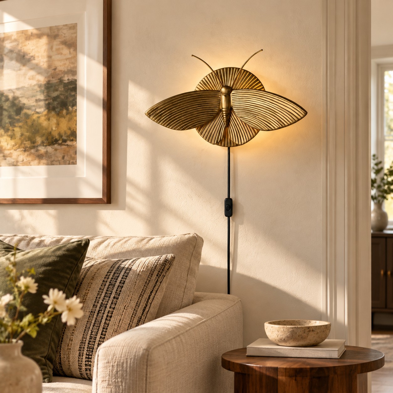 Goldmotten-Wandleuchte über einem Sofa bei Tageslicht