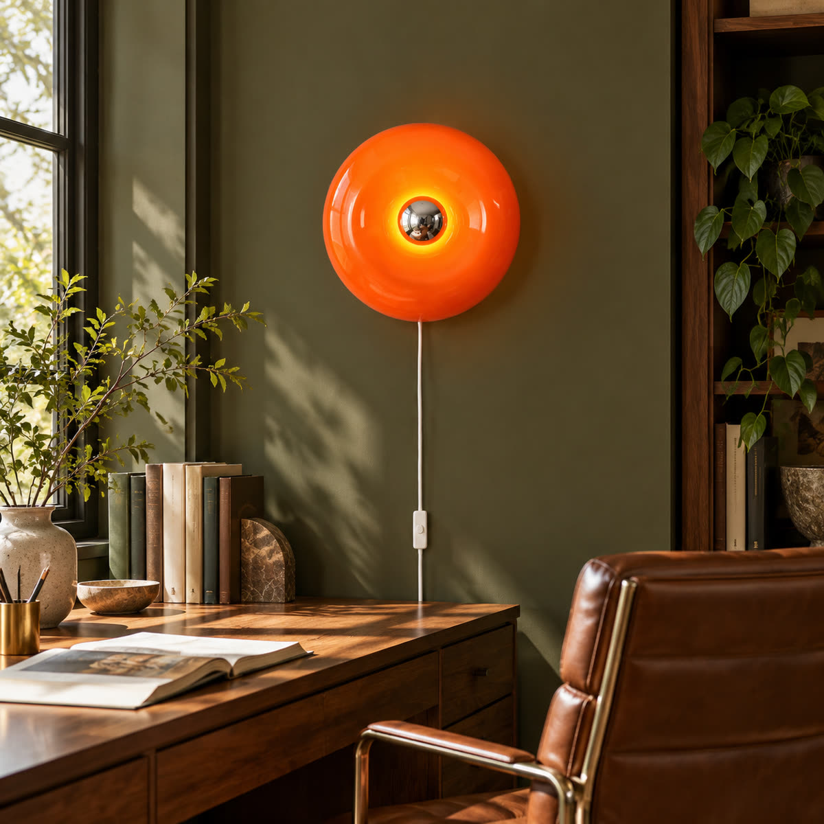 Lampada da parete con anello in vetro ambrato sopra una scrivania in noce in uno studio domestico.