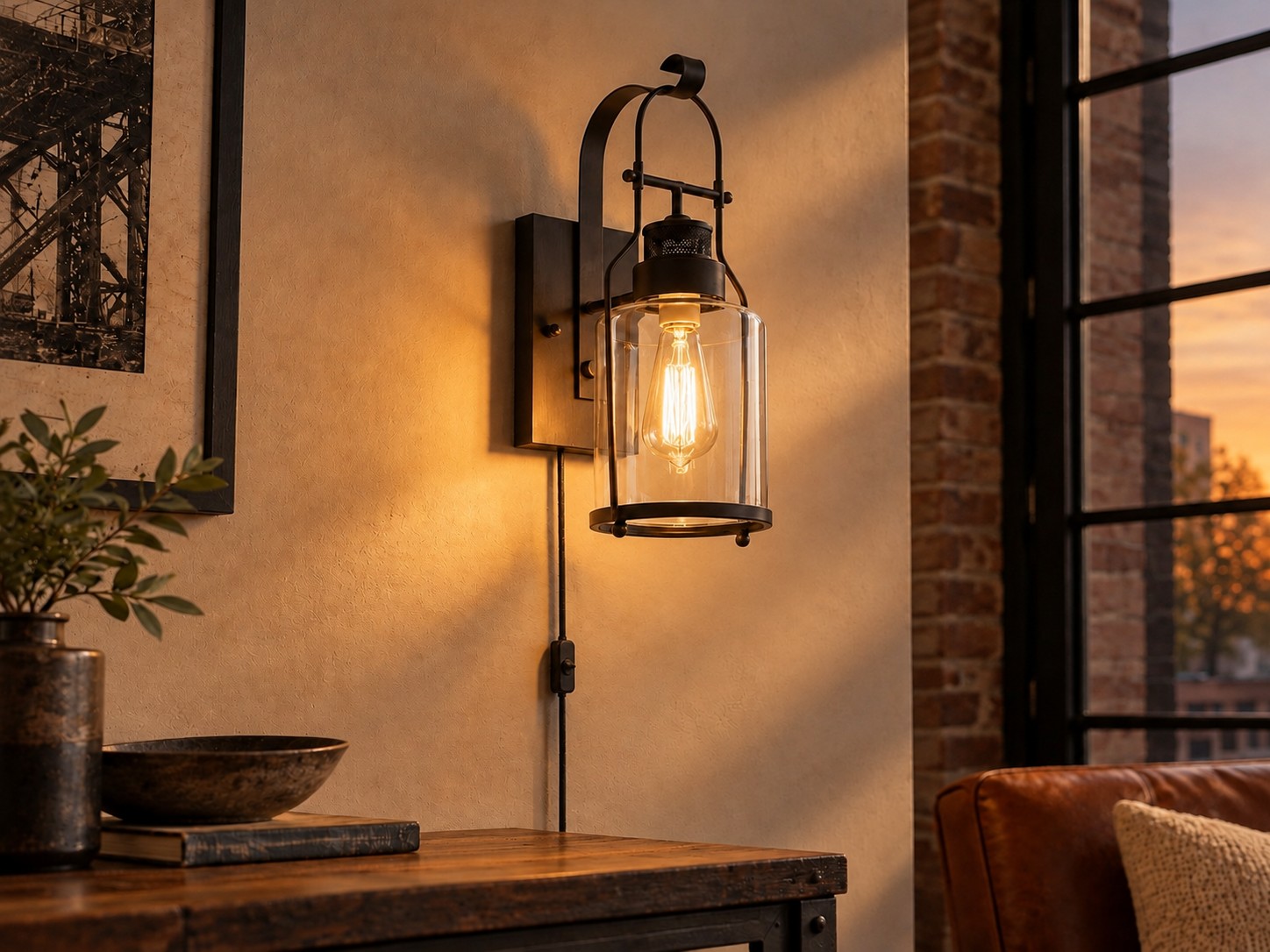 Lampada da parete in vaso di vetro nero che brilla al crepuscolo, cavo visibile