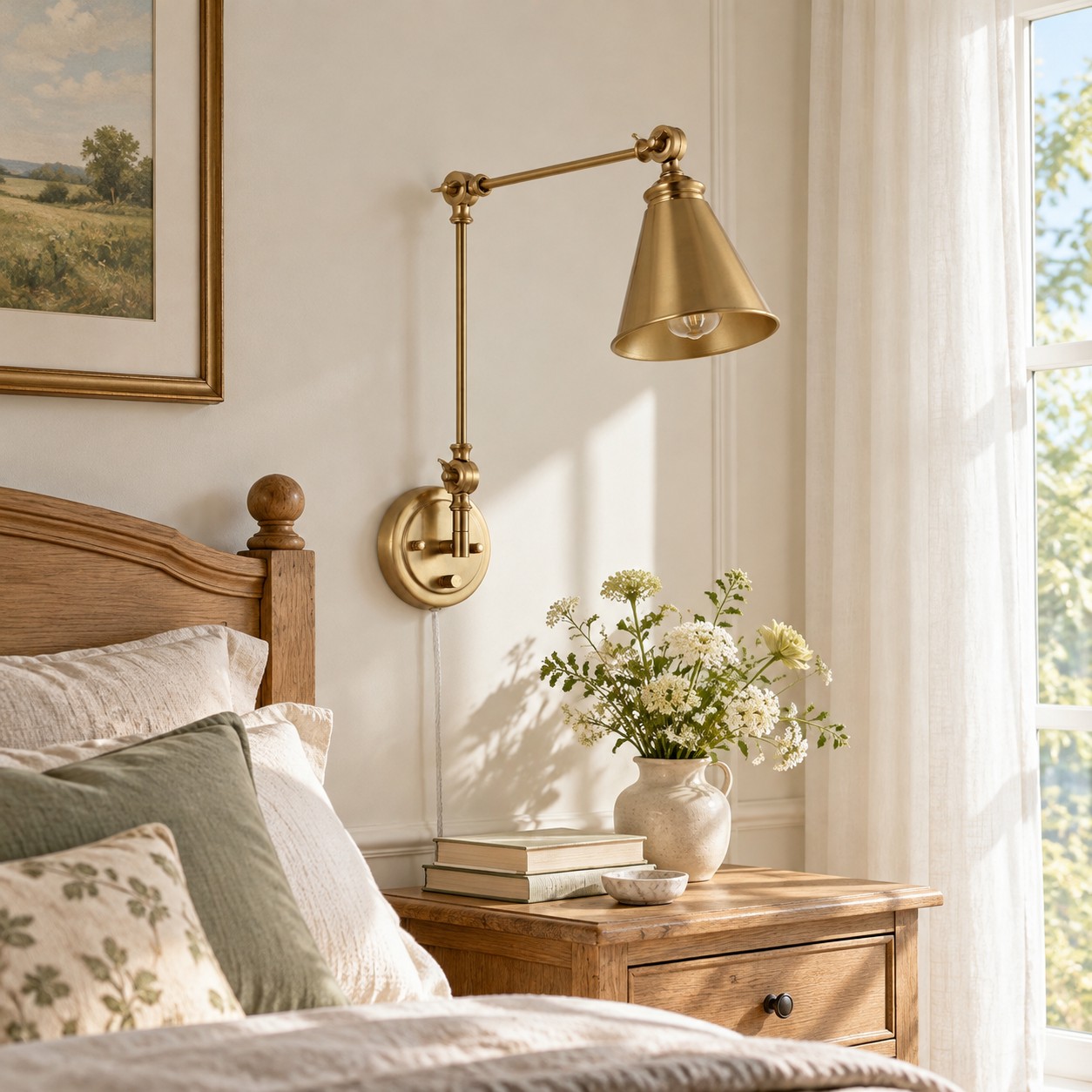 Gold swing-arm wall sconce beside a bed in daylight, with the shade unlit