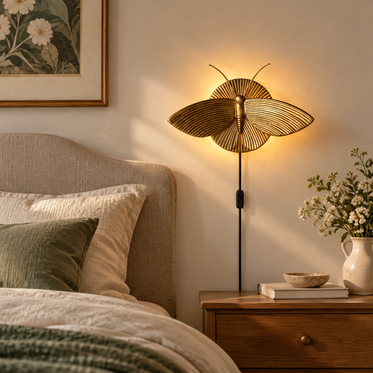 Goldene Mottenwandleuchte neben einem Bett bei Tageslicht
