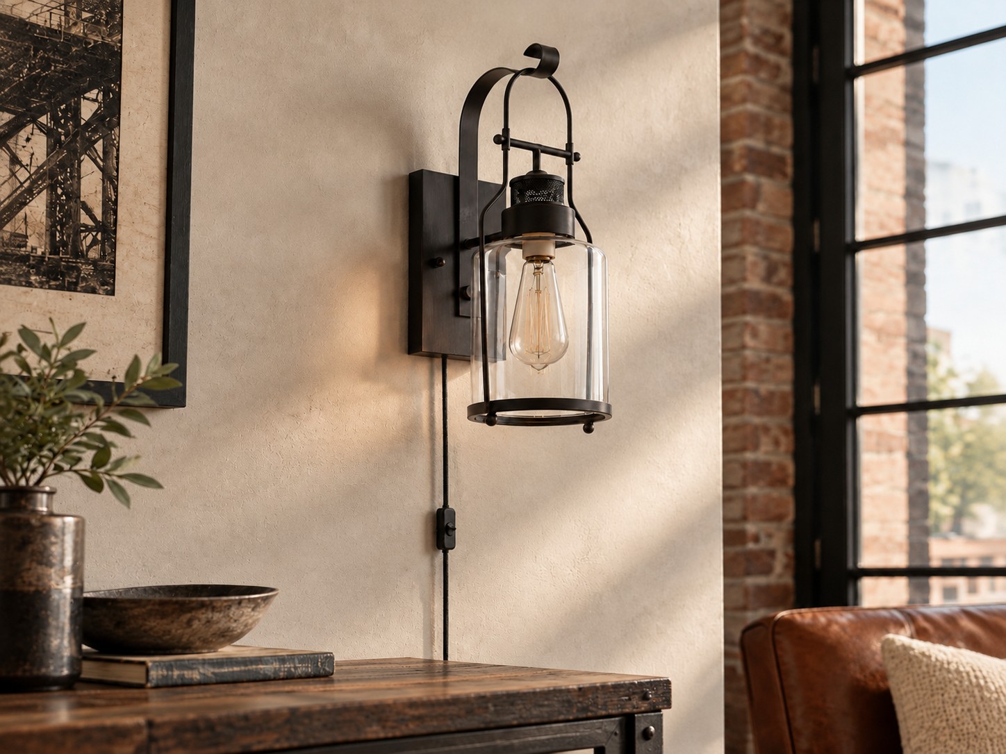 Applique da parete in vaso di vetro nero con luce diurna, lampadina spenta, cavo a vista