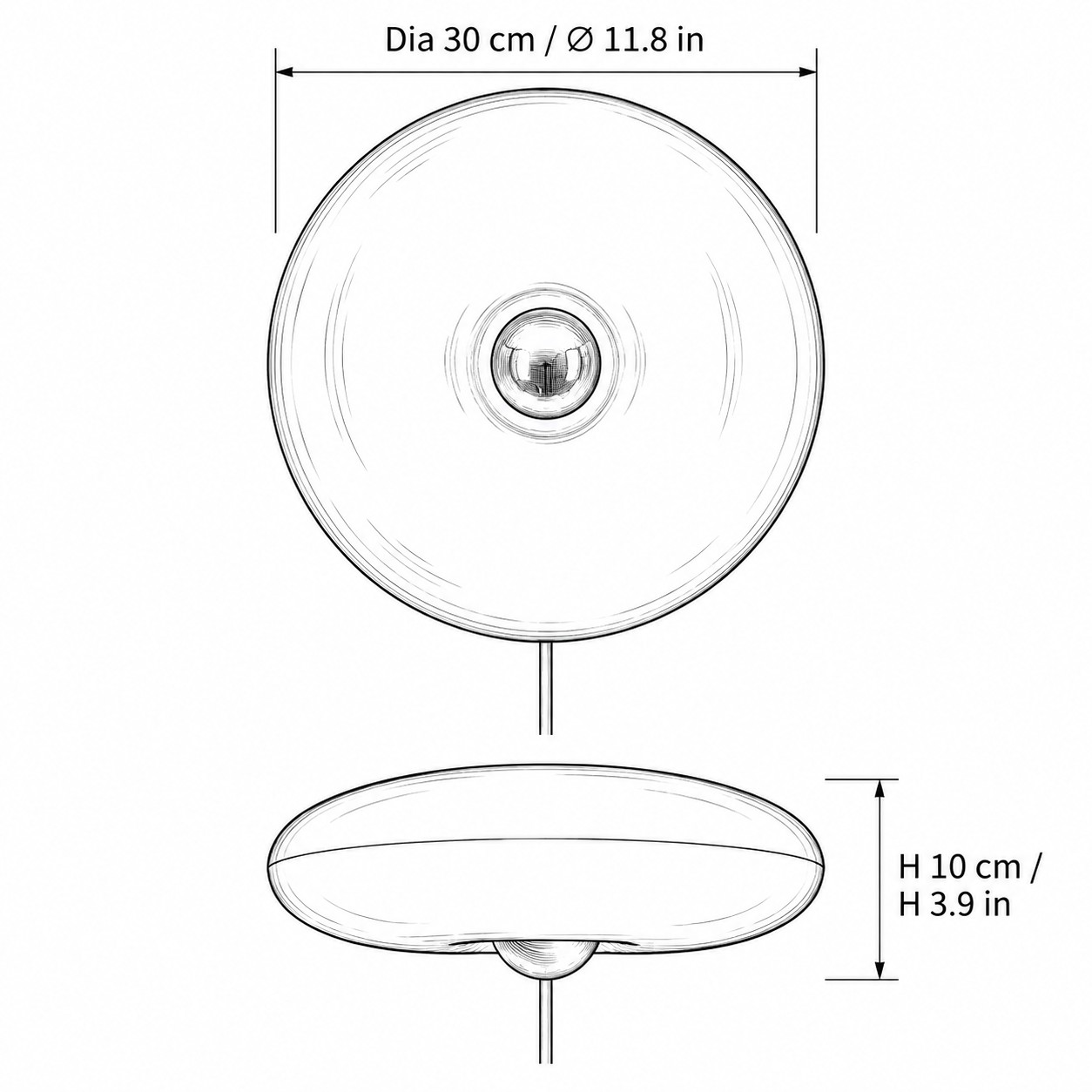 Disegno quotato: diametro 30 cm / 11,8 pollici, altezza 10 cm / 3,9 pollici