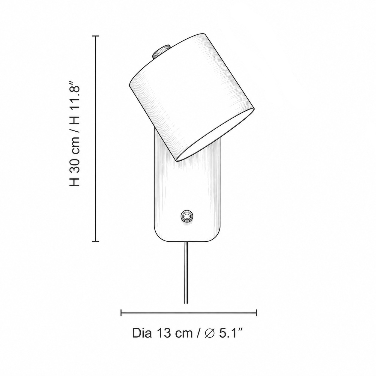 Schema dimensionale che mostra un diametro di 13 cm e un'altezza di 30 cm.